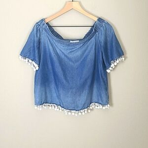 Off the Shoulder Chambray Top with Pom Poms